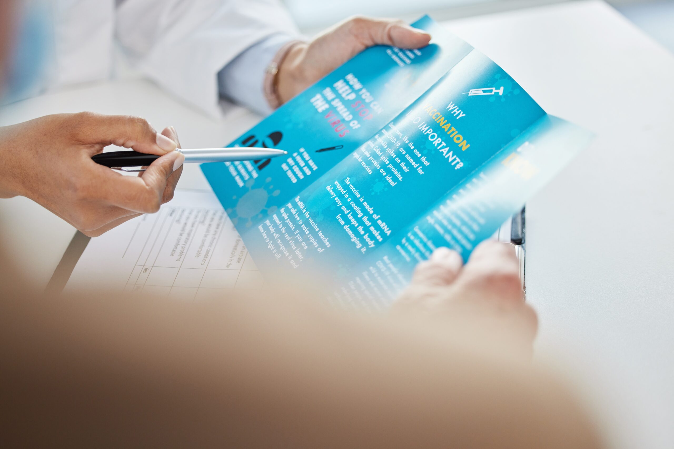 Virus,,Brochure,And,Hands,Of,Doctor,In,Hospital,For,Consulting,